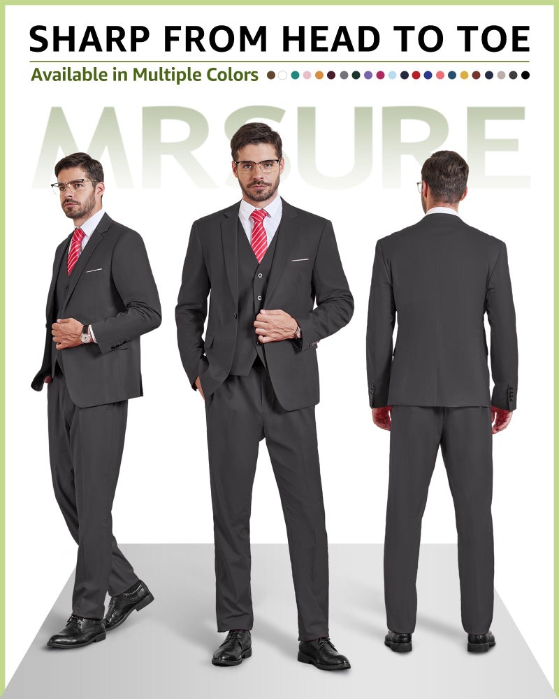 MrSure Men's 3 Piece Suit Blazer, Slim Fit Tux with One Button, Jacket Vest Pants & Tie Set for Party, Wedding and Business Dark Grey - Image 2